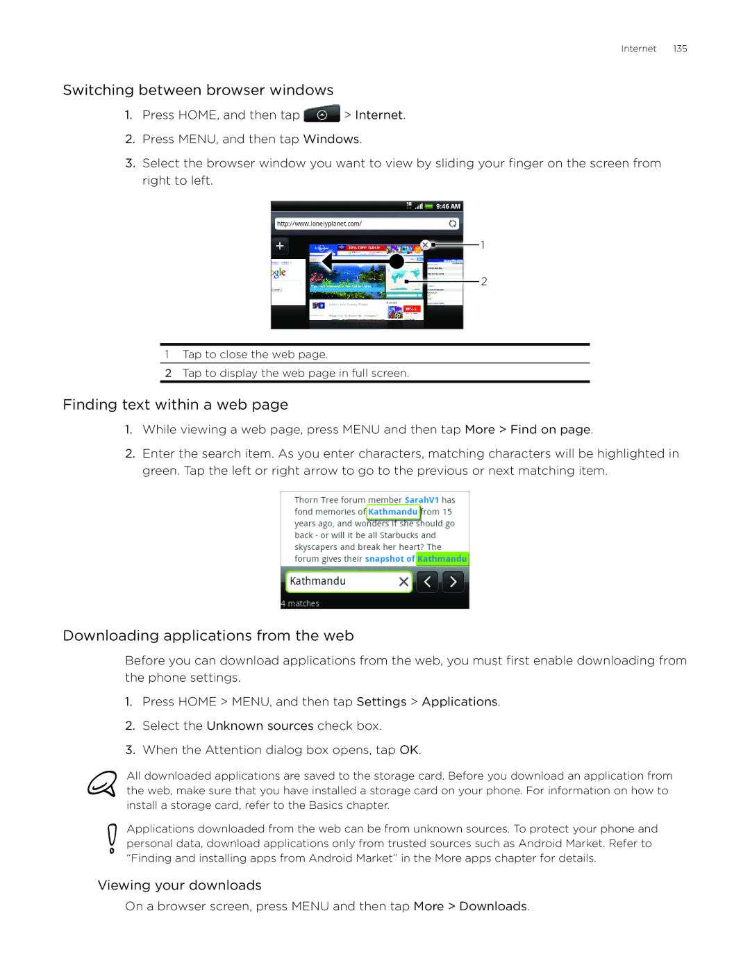 HTC Aria manual Switching between browser windows, Finding text within a web, Downloading applications from the web 