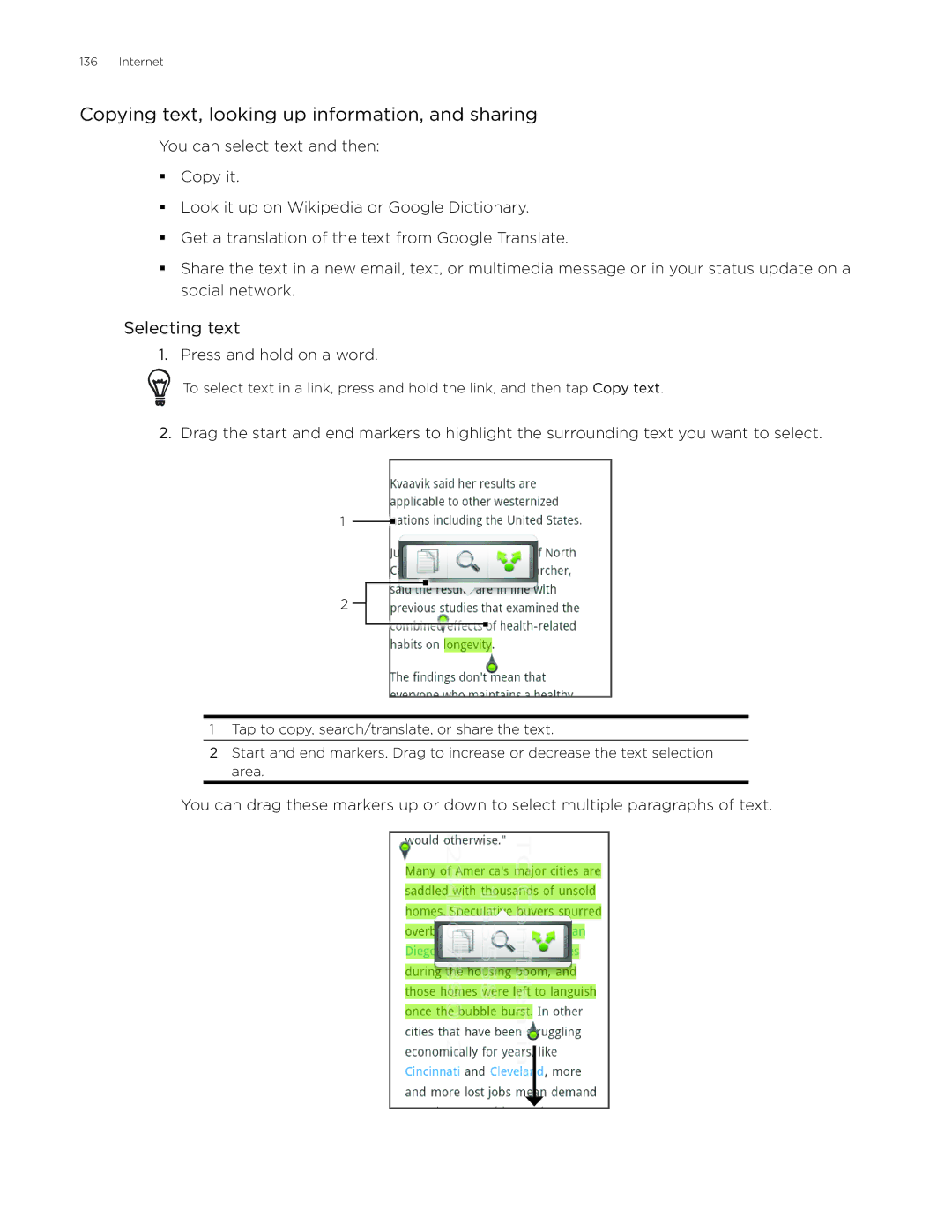 HTC Aria manual Copying text, looking up information, and sharing, Selecting text 