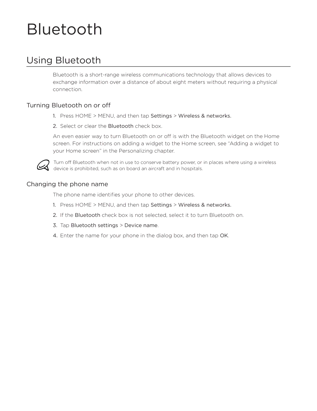 HTC Aria manual Using Bluetooth, Turning Bluetooth on or off, Changing the phone name 