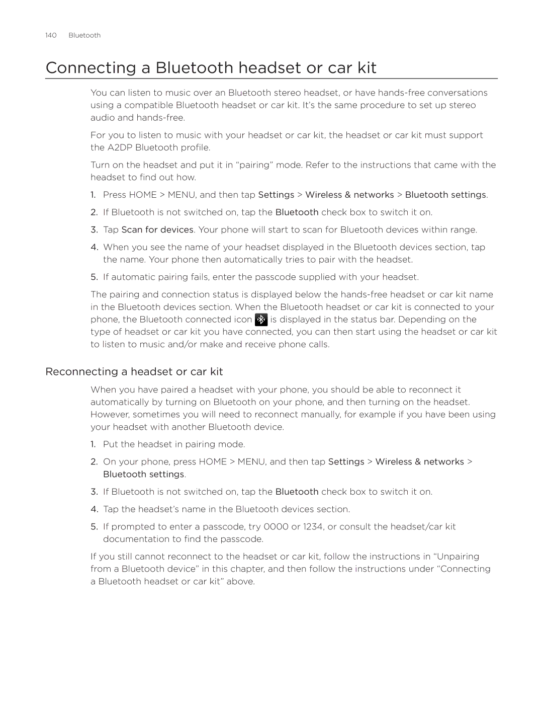 HTC Aria manual Connecting a Bluetooth headset or car kit, Reconnecting a headset or car kit 