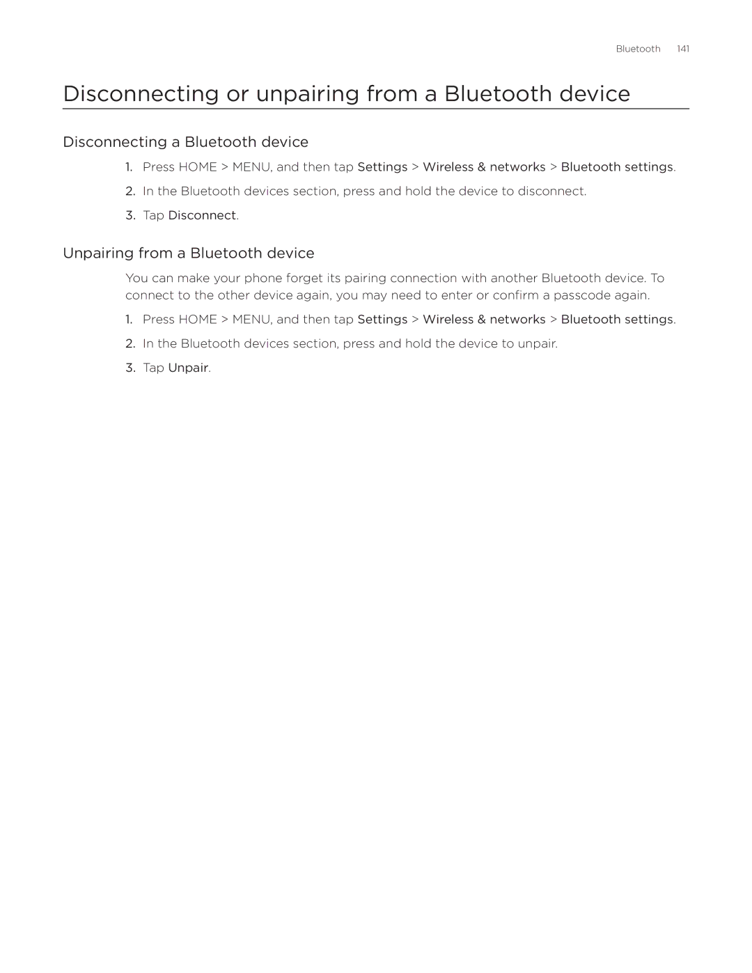 HTC Aria manual Disconnecting or unpairing from a Bluetooth device, Disconnecting a Bluetooth device 