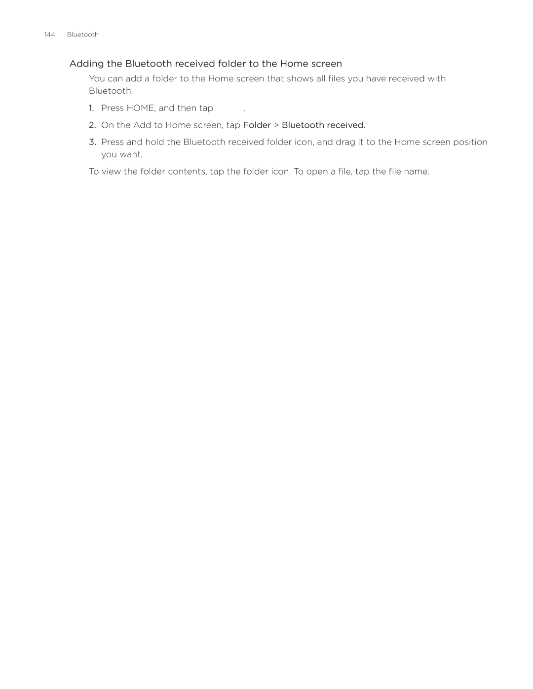 HTC Aria manual Adding the Bluetooth received folder to the Home screen 