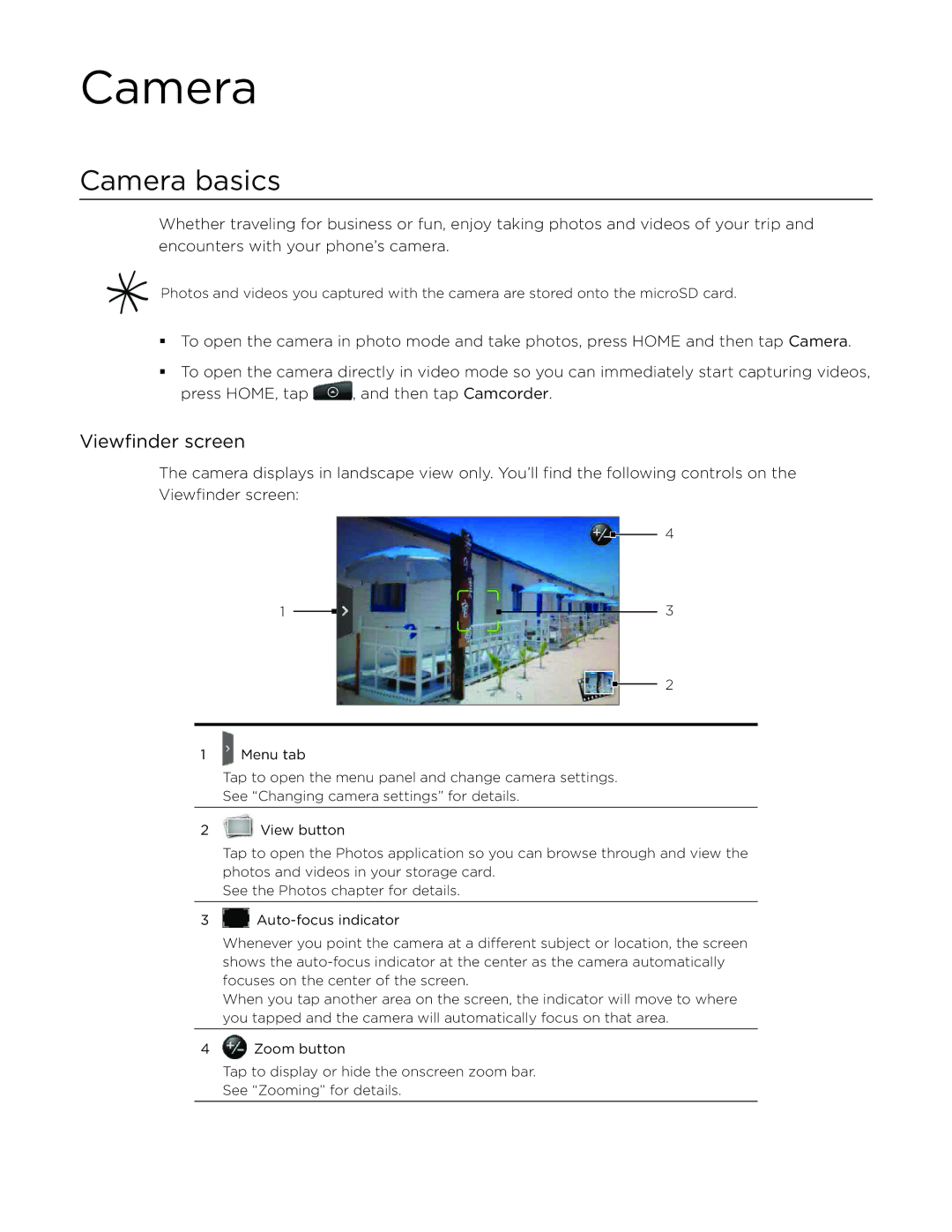 HTC Aria manual Camera basics, Viewfinder screen 