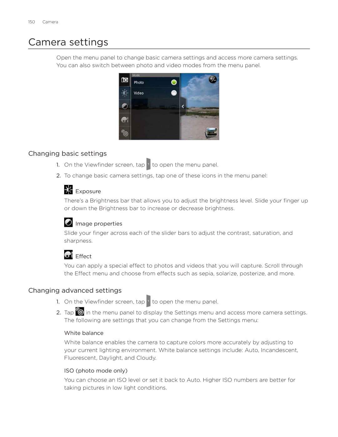 HTC Aria manual Camera settings, Changing basic settings, Changing advanced settings 