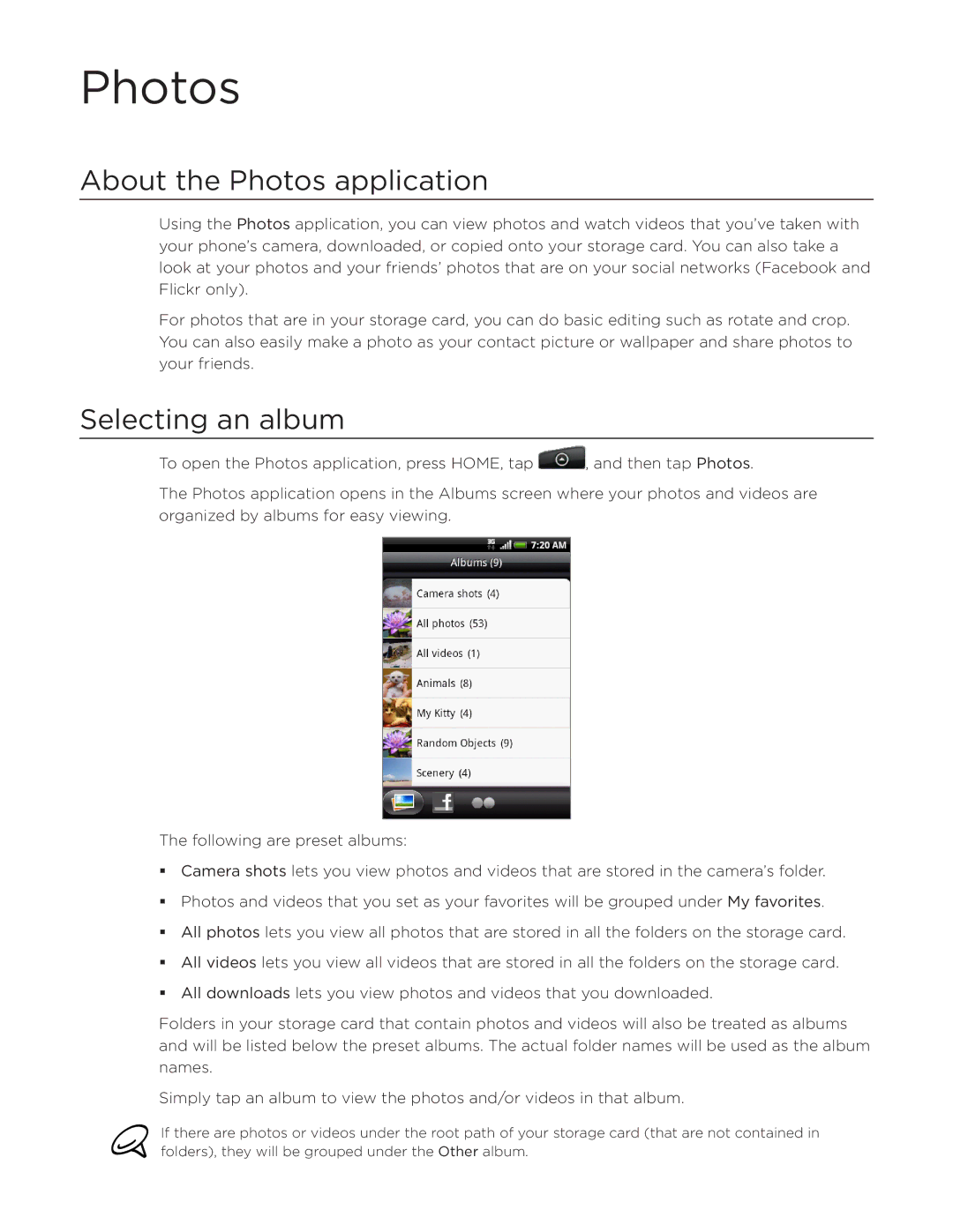 HTC Aria manual About the Photos application, Selecting an album 