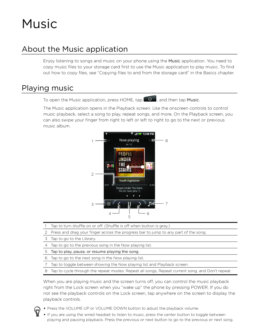 HTC Aria manual About the Music application, Playing music 