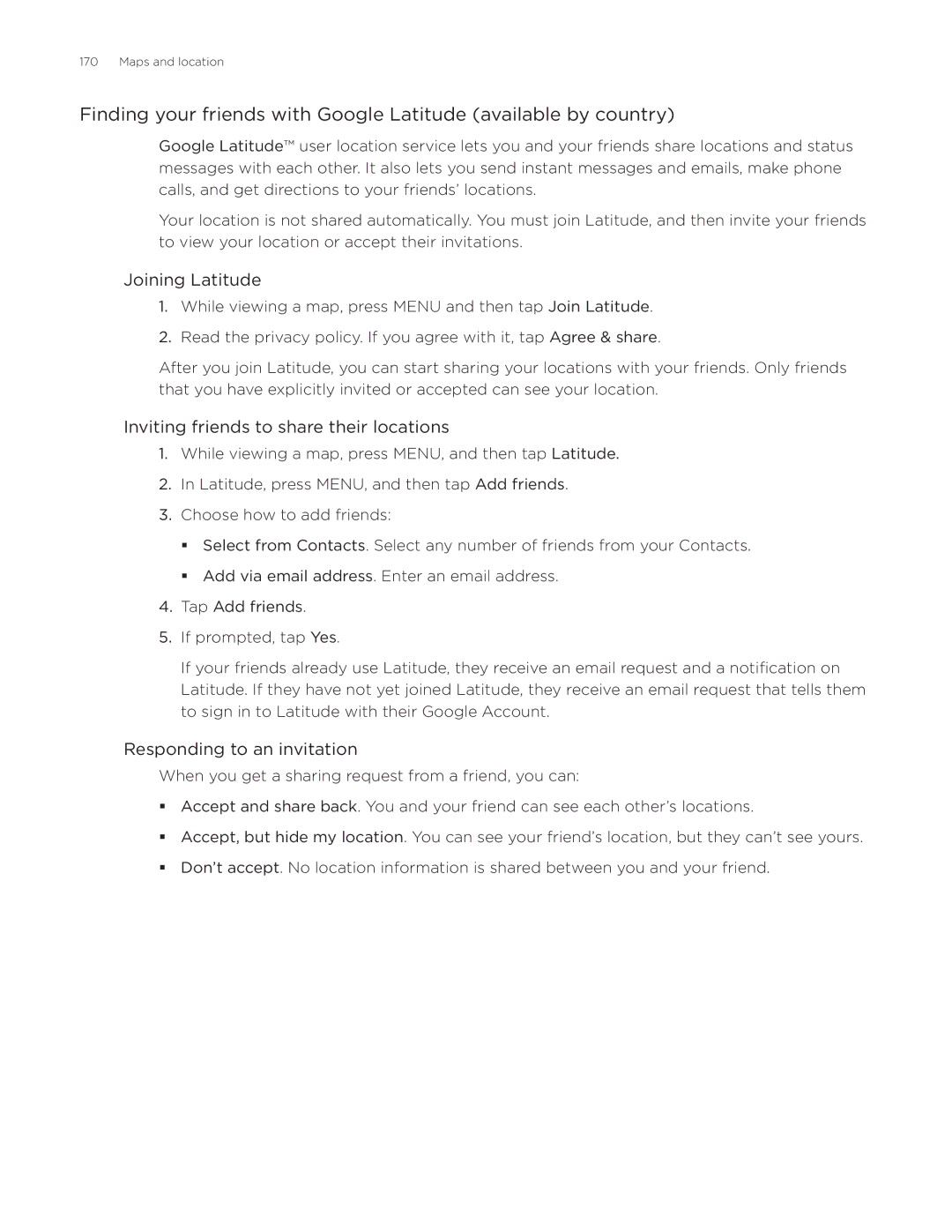 HTC Aria manual Joining Latitude, Inviting friends to share their locations, Responding to an invitation 