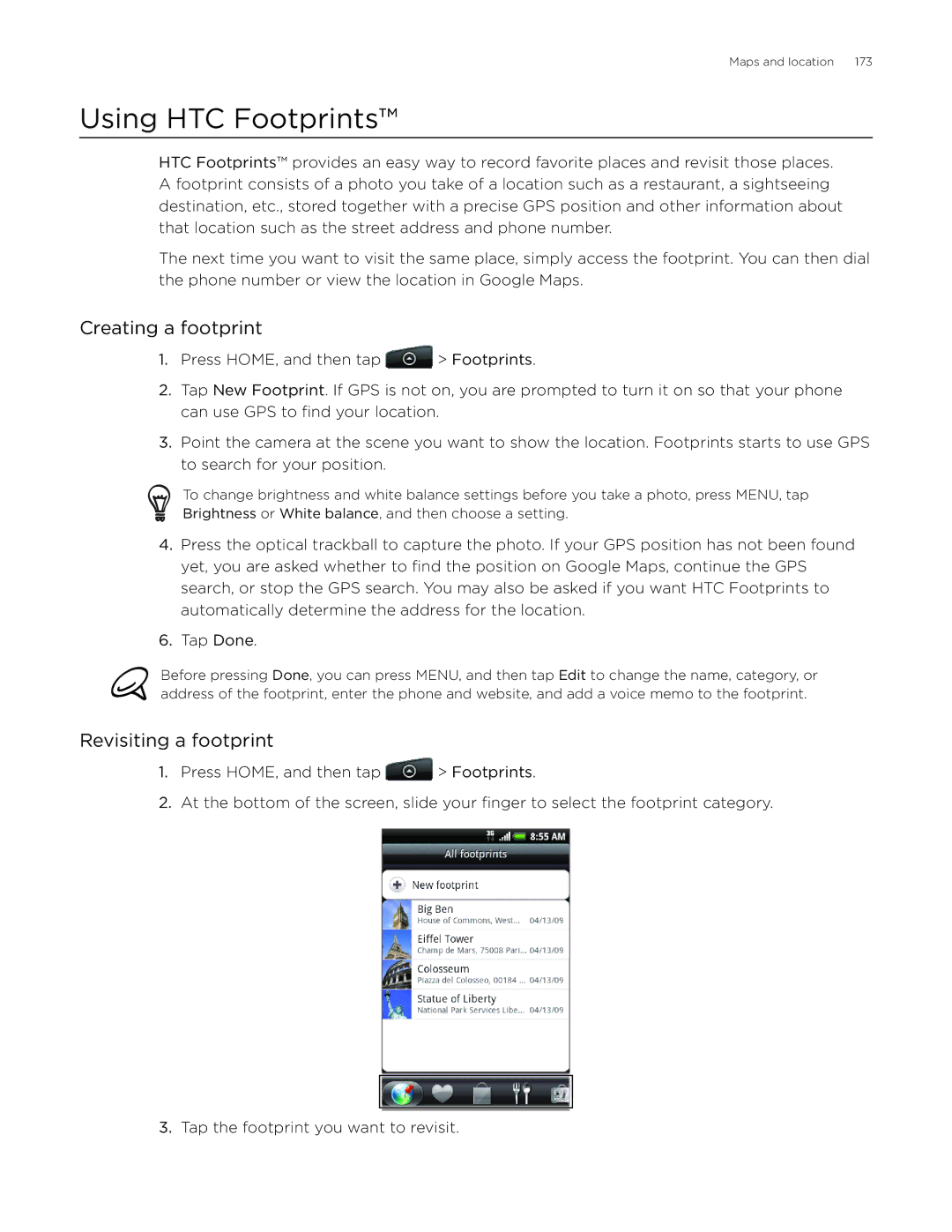 HTC Aria manual Using HTC Footprints, Creating a footprint, Revisiting a footprint 