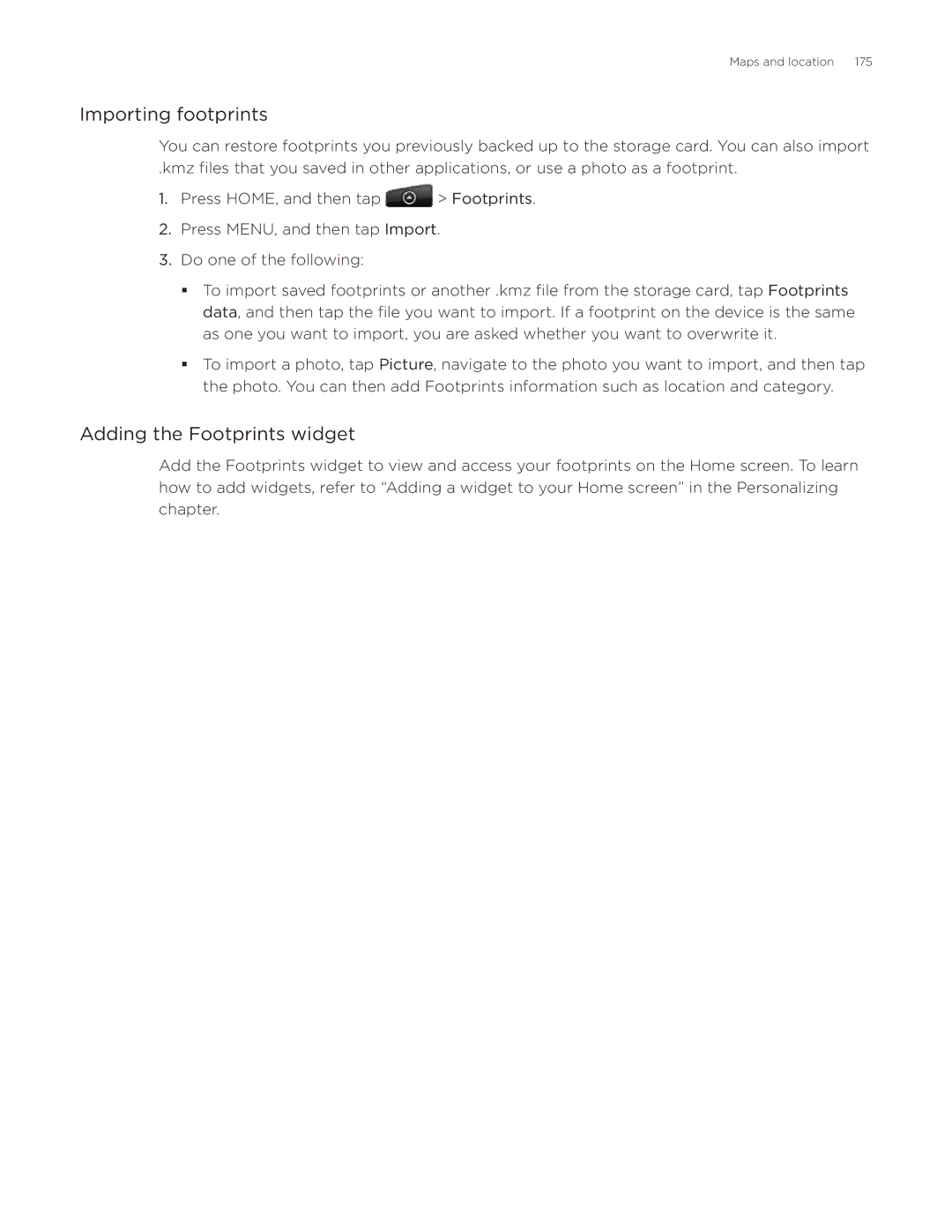 HTC Aria manual Importing footprints, Adding the Footprints widget 