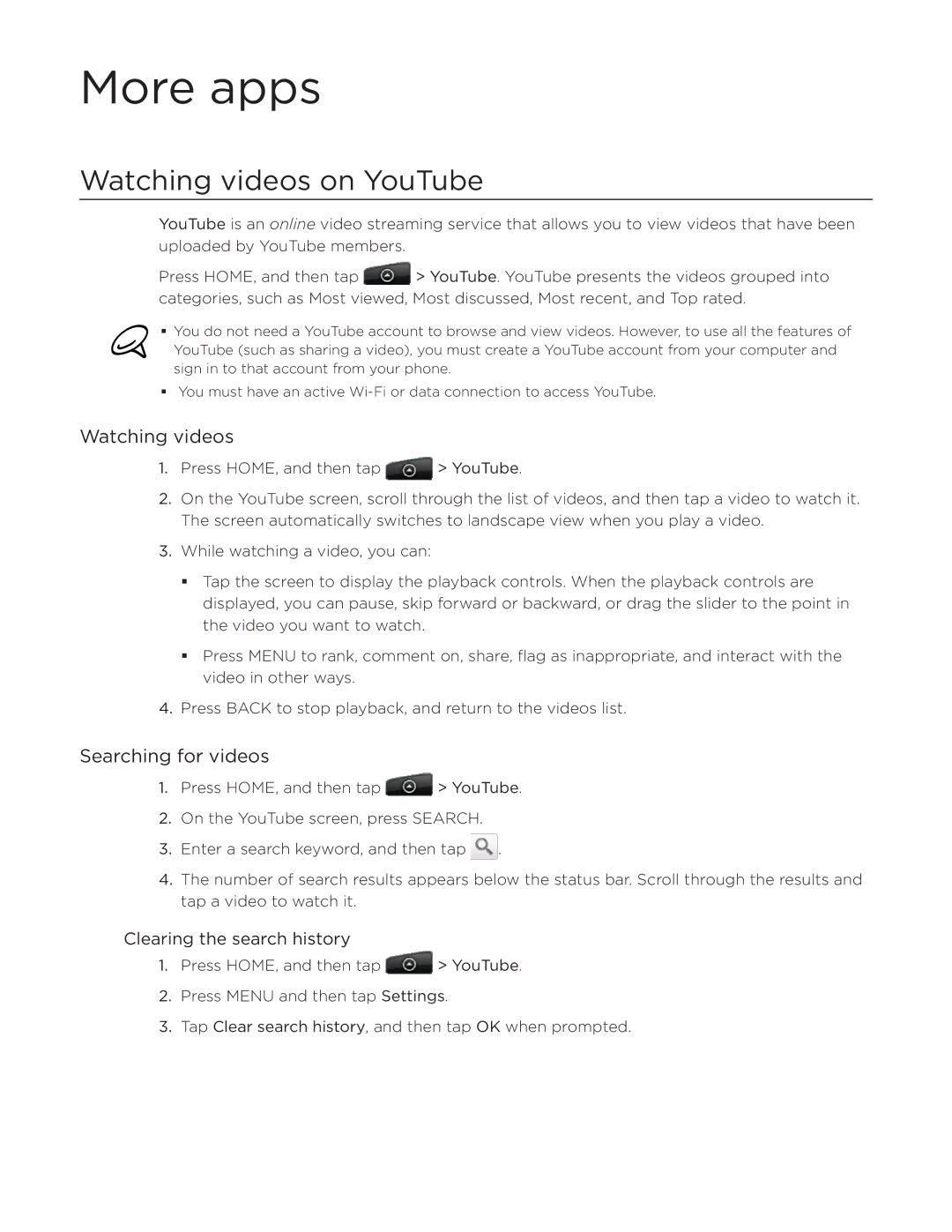 HTC Aria manual More apps, Watching videos on YouTube, Searching for videos, Clearing the search history 