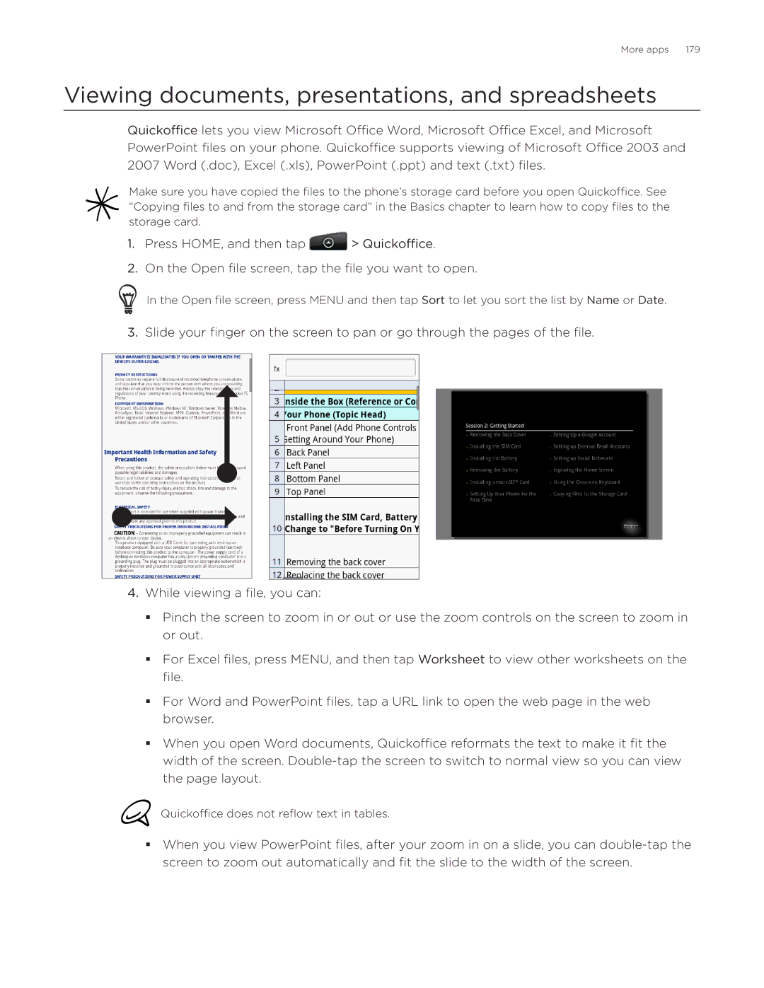 HTC Aria manual Viewing documents, presentations, and spreadsheets 