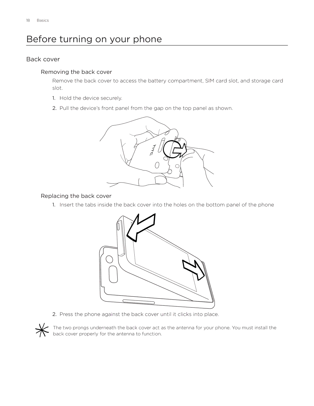 HTC Aria manual Before turning on your phone, Back cover, Removing the back cover, Replacing the back cover 