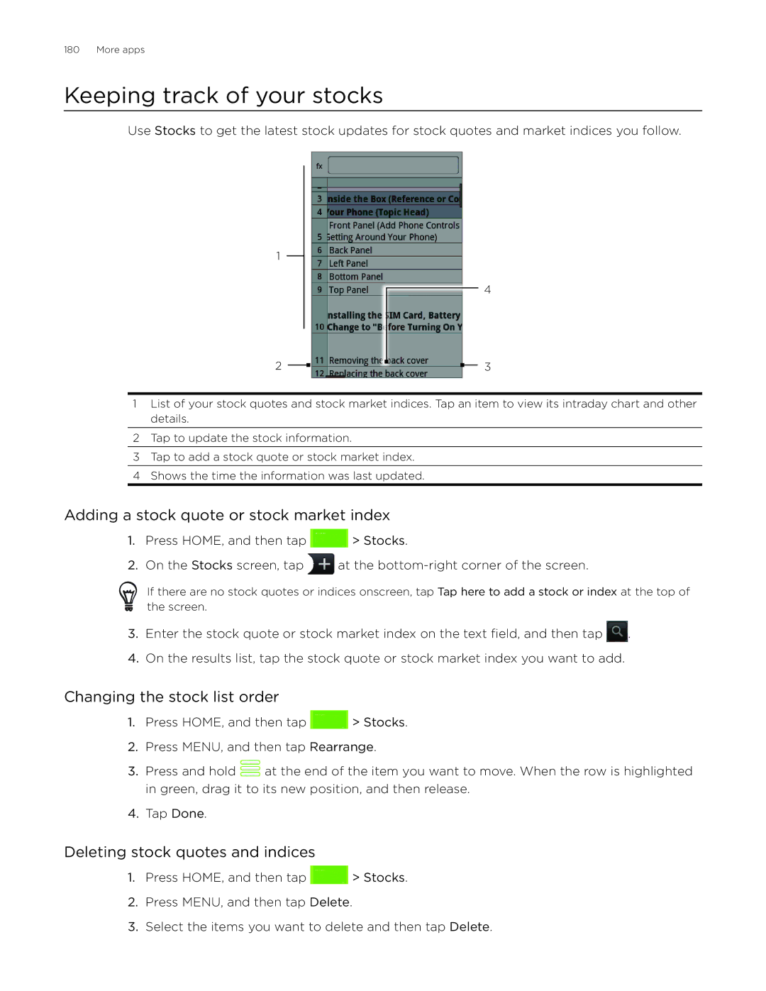 HTC Aria manual Keeping track of your stocks, Adding a stock quote or stock market index, Changing the stock list order 