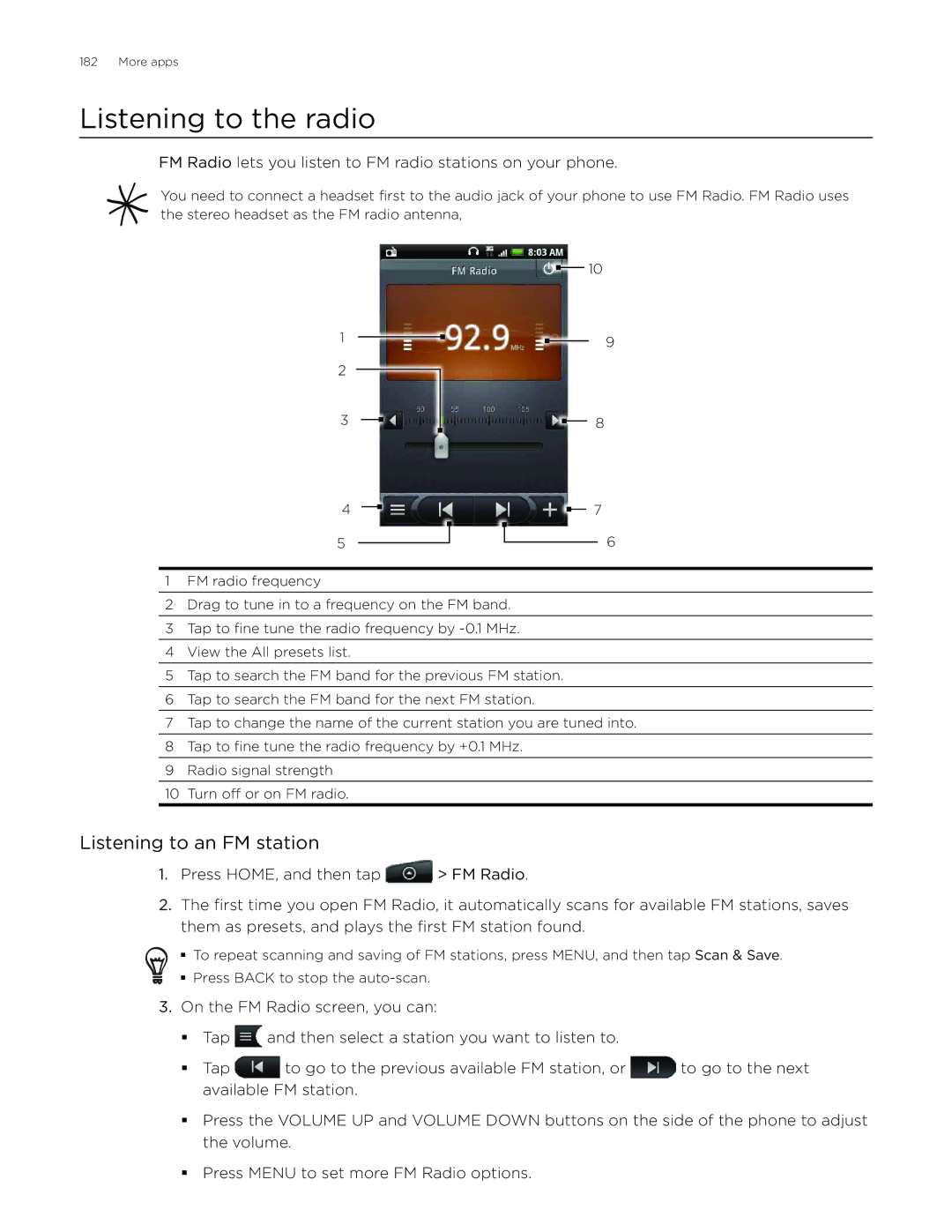 HTC Aria manual Listening to the radio, Listening to an FM station 