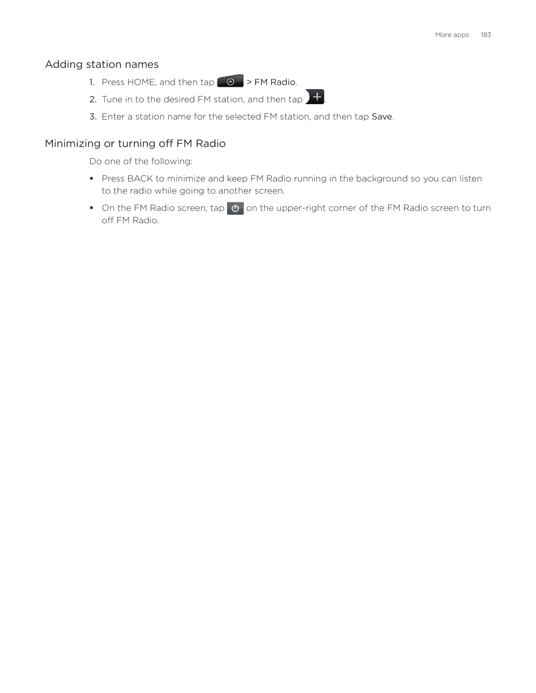 HTC Aria manual Adding station names, Minimizing or turning off FM Radio 