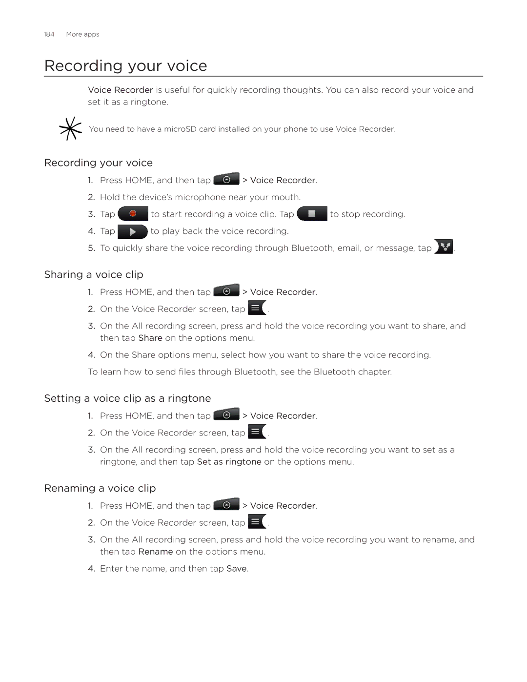 HTC Aria manual Recording your voice, Sharing a voice clip, Setting a voice clip as a ringtone, Renaming a voice clip 