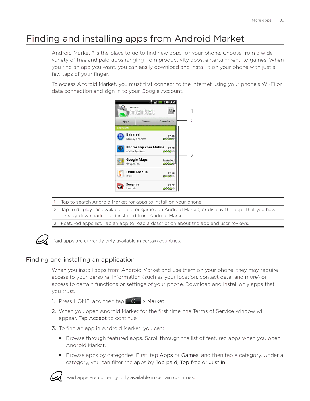 HTC Aria manual Finding and installing apps from Android Market, Finding and installing an application 