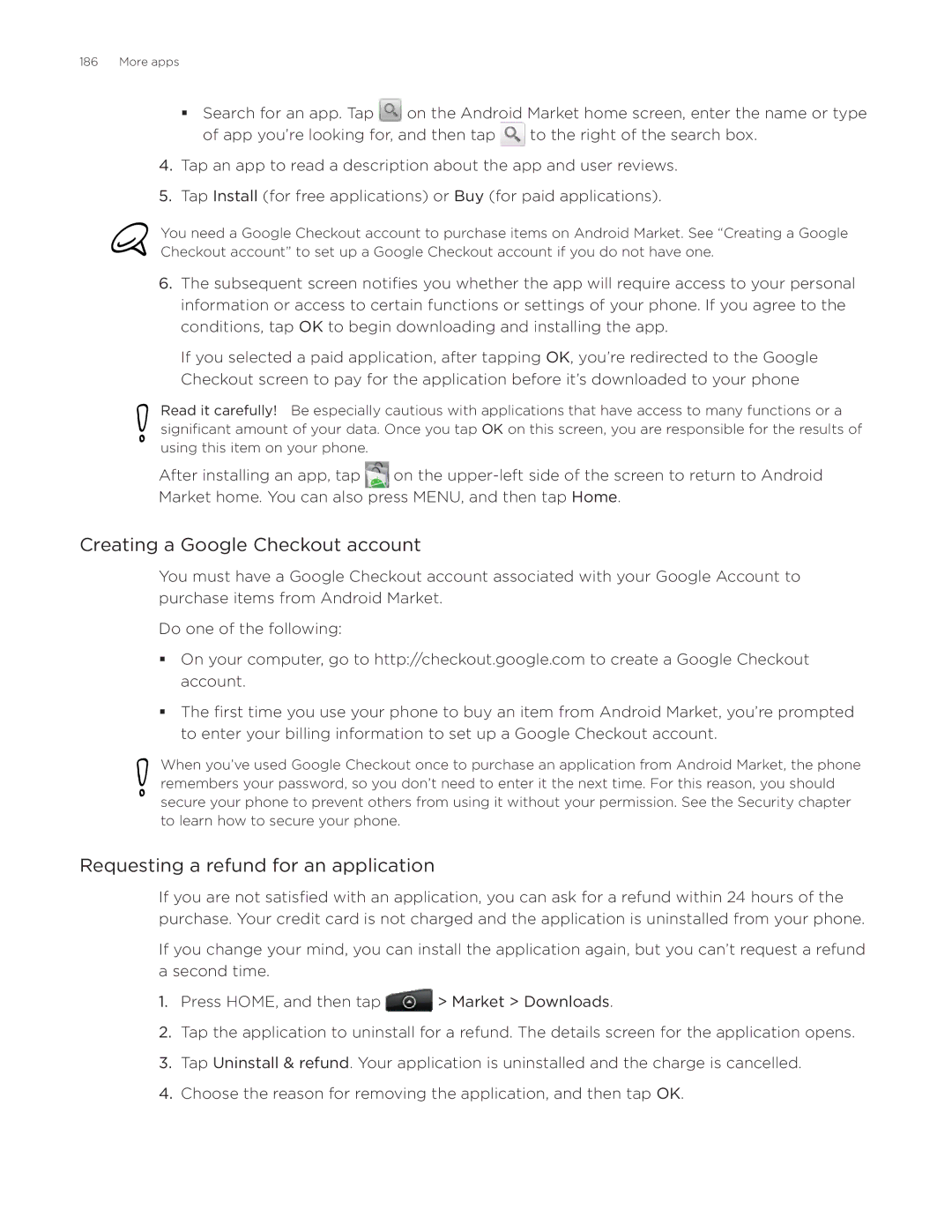 HTC Aria manual Creating a Google Checkout account, Requesting a refund for an application 