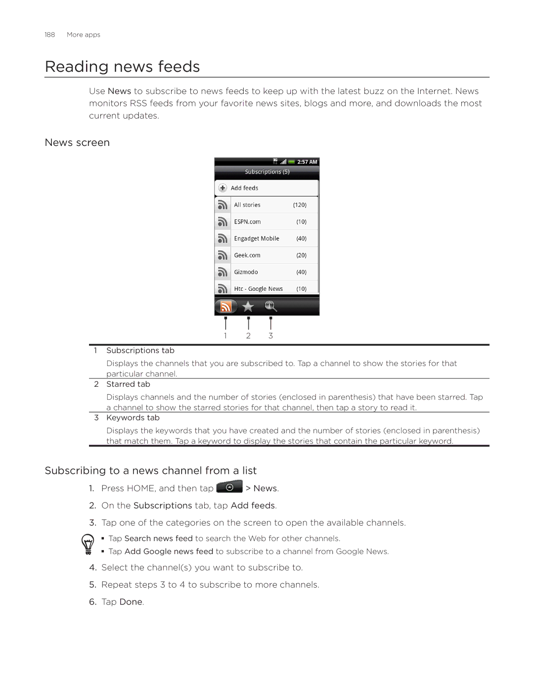 HTC Aria manual Reading news feeds, News screen, Subscribing to a news channel from a list 