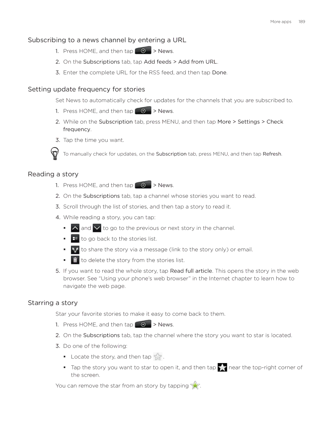 HTC Aria manual Subscribing to a news channel by entering a URL, Setting update frequency for stories, Reading a story 