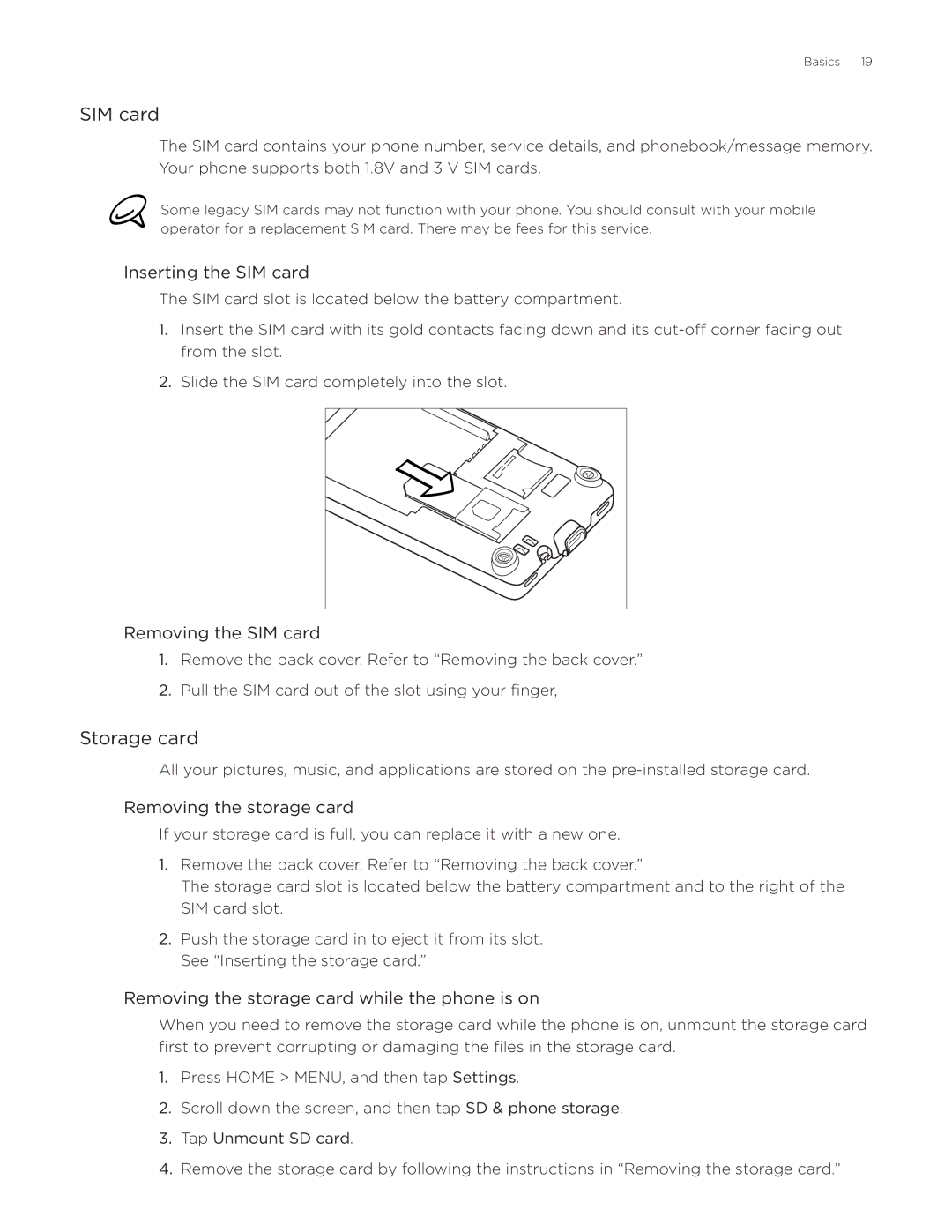 HTC Aria manual SIM card, Storage card 