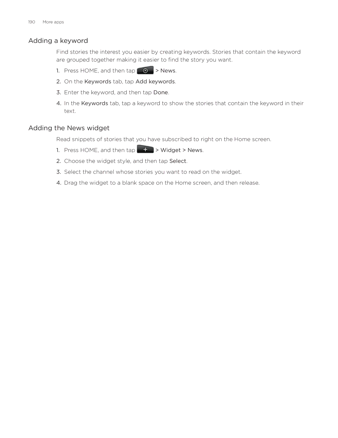 HTC Aria manual Adding a keyword, Adding the News widget 