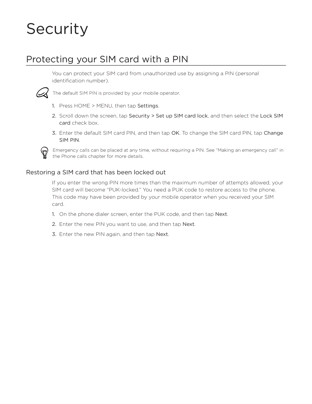 HTC Aria manual Security, Protecting your SIM card with a PIN, Restoring a SIM card that has been locked out 