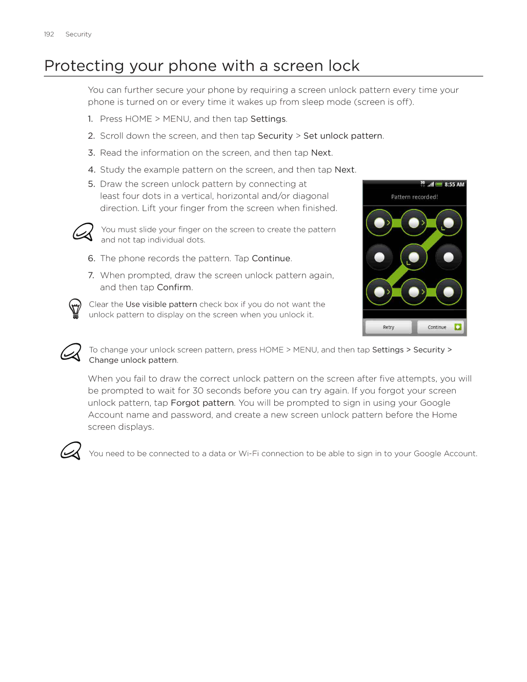 HTC Aria manual Protecting your phone with a screen lock 