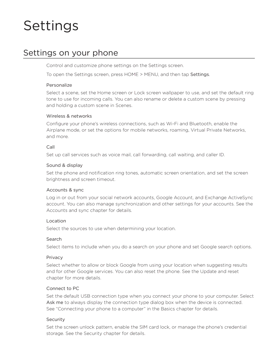 HTC Aria manual Settings on your phone 