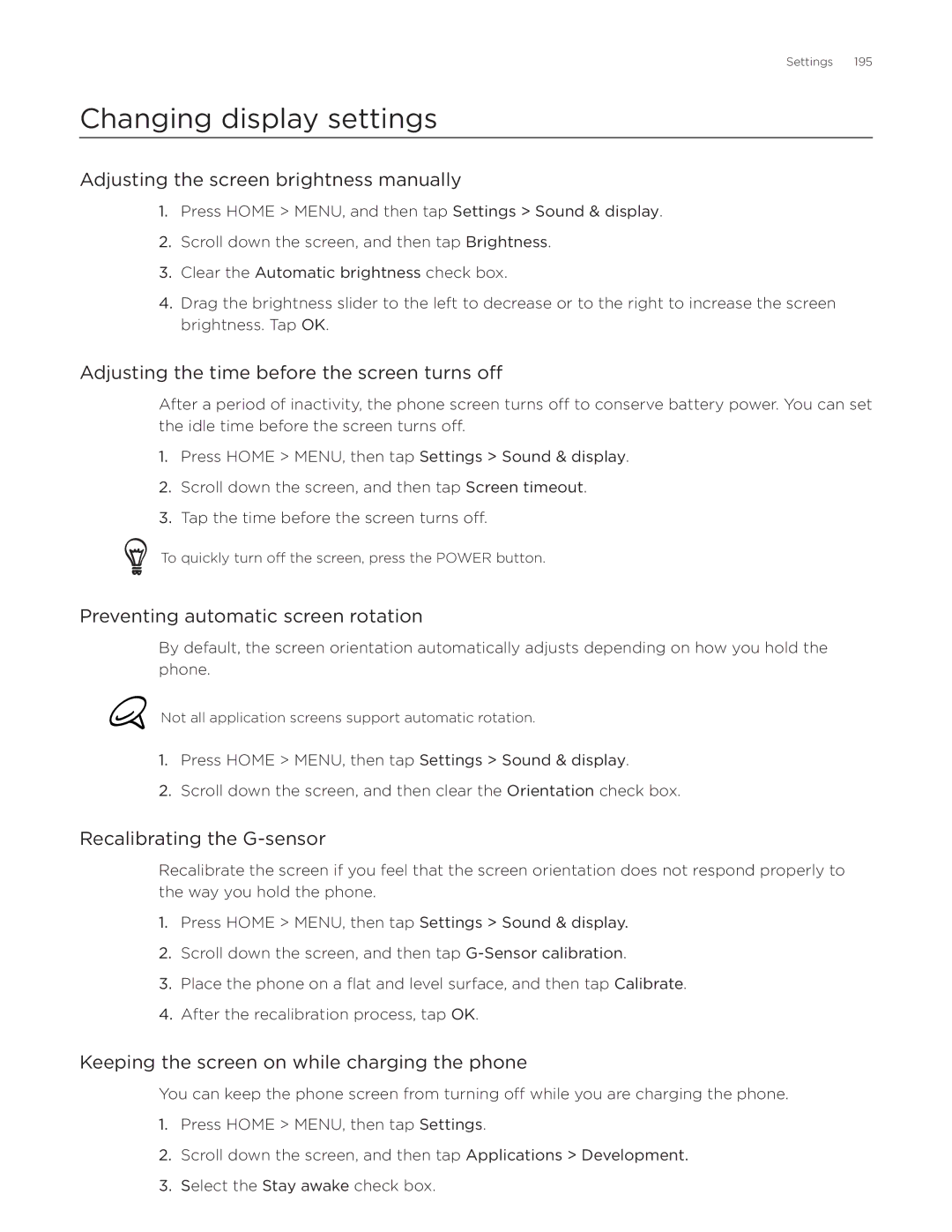 HTC Aria manual Changing display settings 