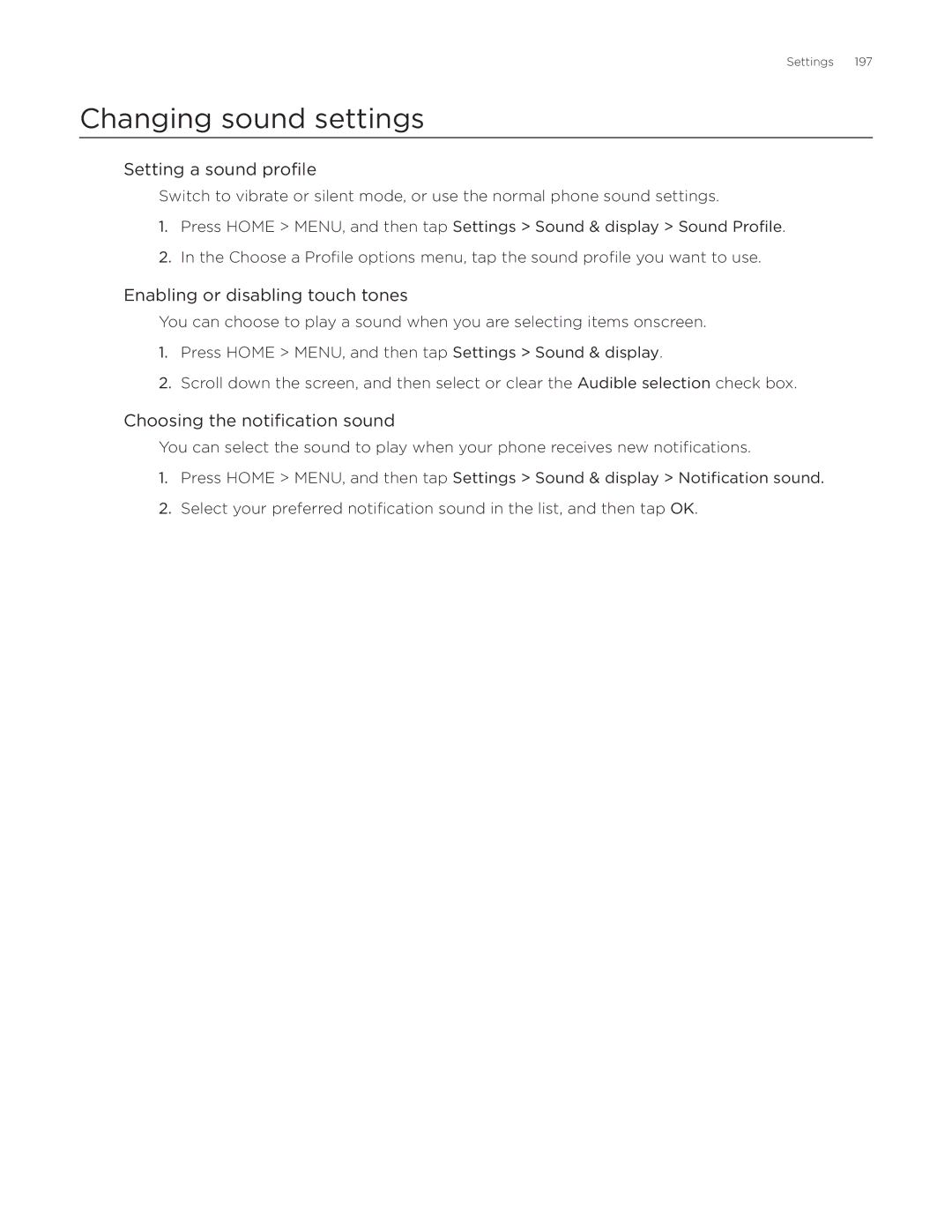 HTC Aria manual Changing sound settings, Setting a sound profile, Enabling or disabling touch tones 