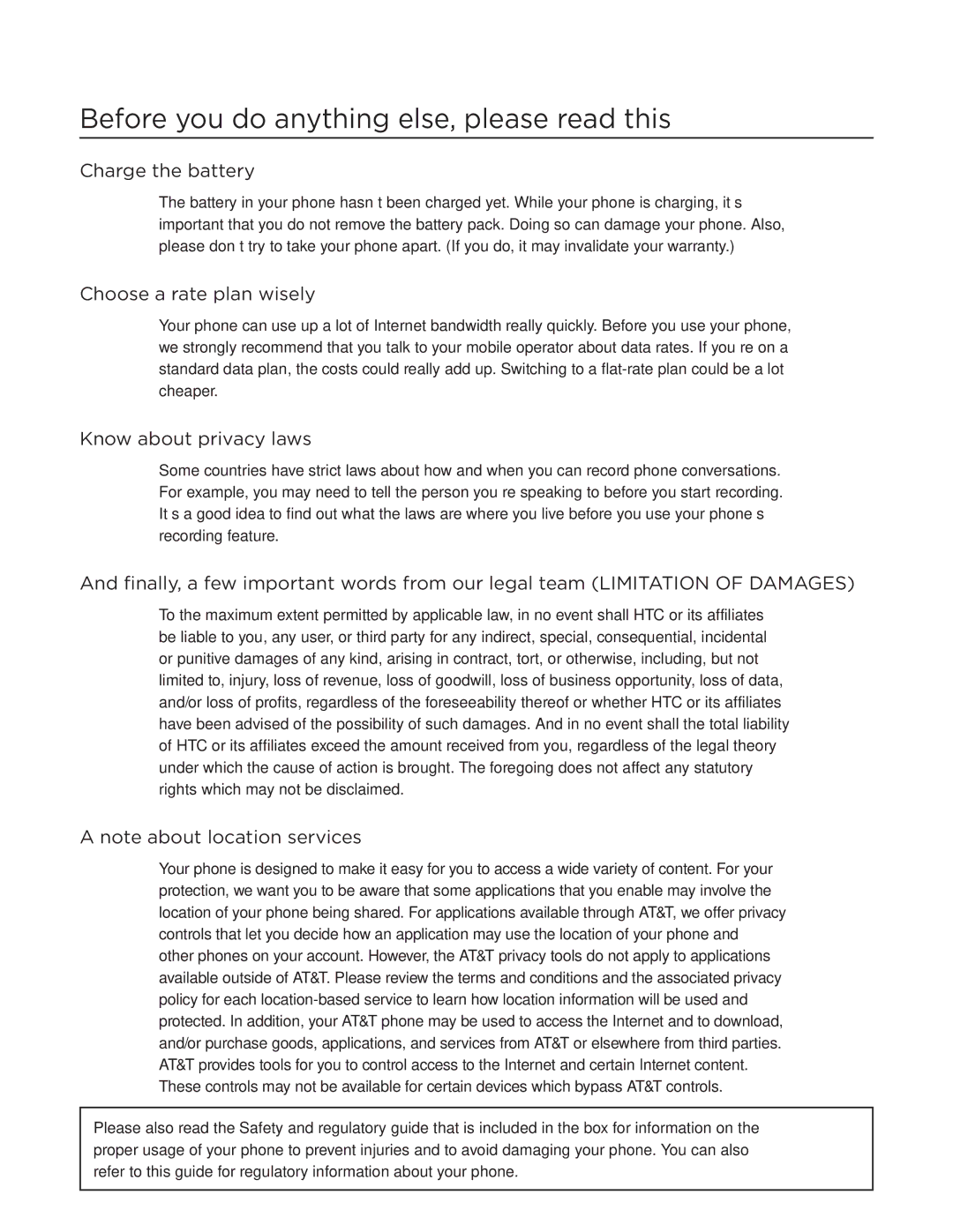 HTC Aria manual Before you do anything else, please read this, Charge the battery, Choose a rate plan wisely 