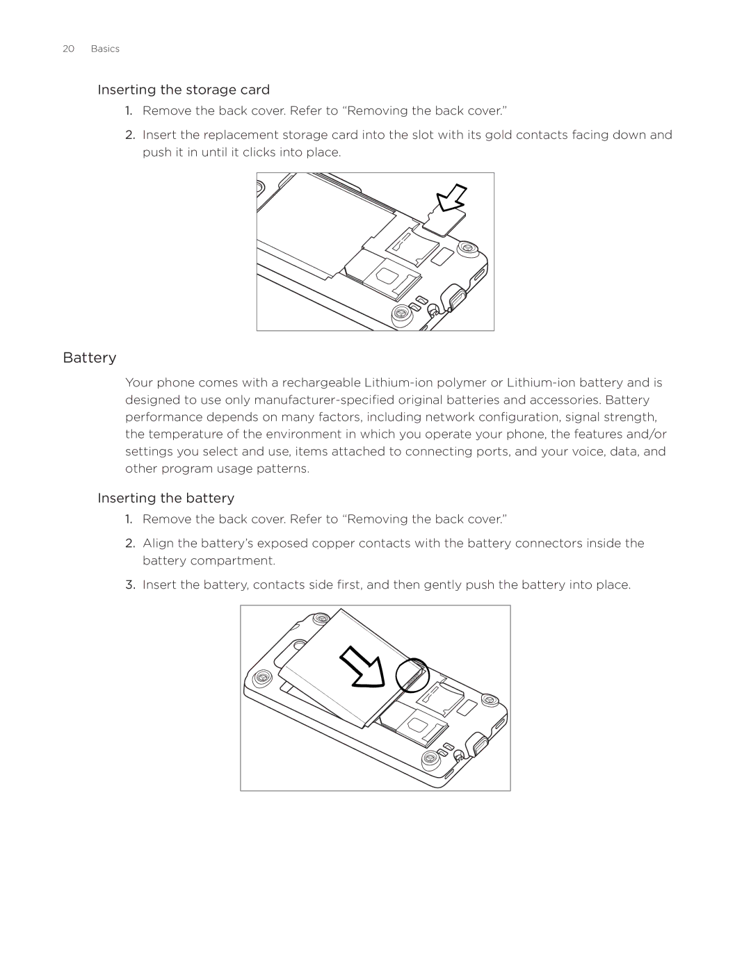 HTC Aria manual Battery, Inserting the storage card, Inserting the battery 