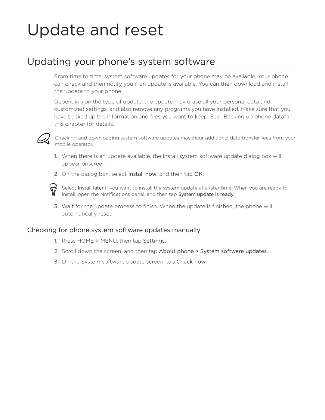 HTC Aria Update and reset, Updating your phone’s system software, Checking for phone system software updates manually 