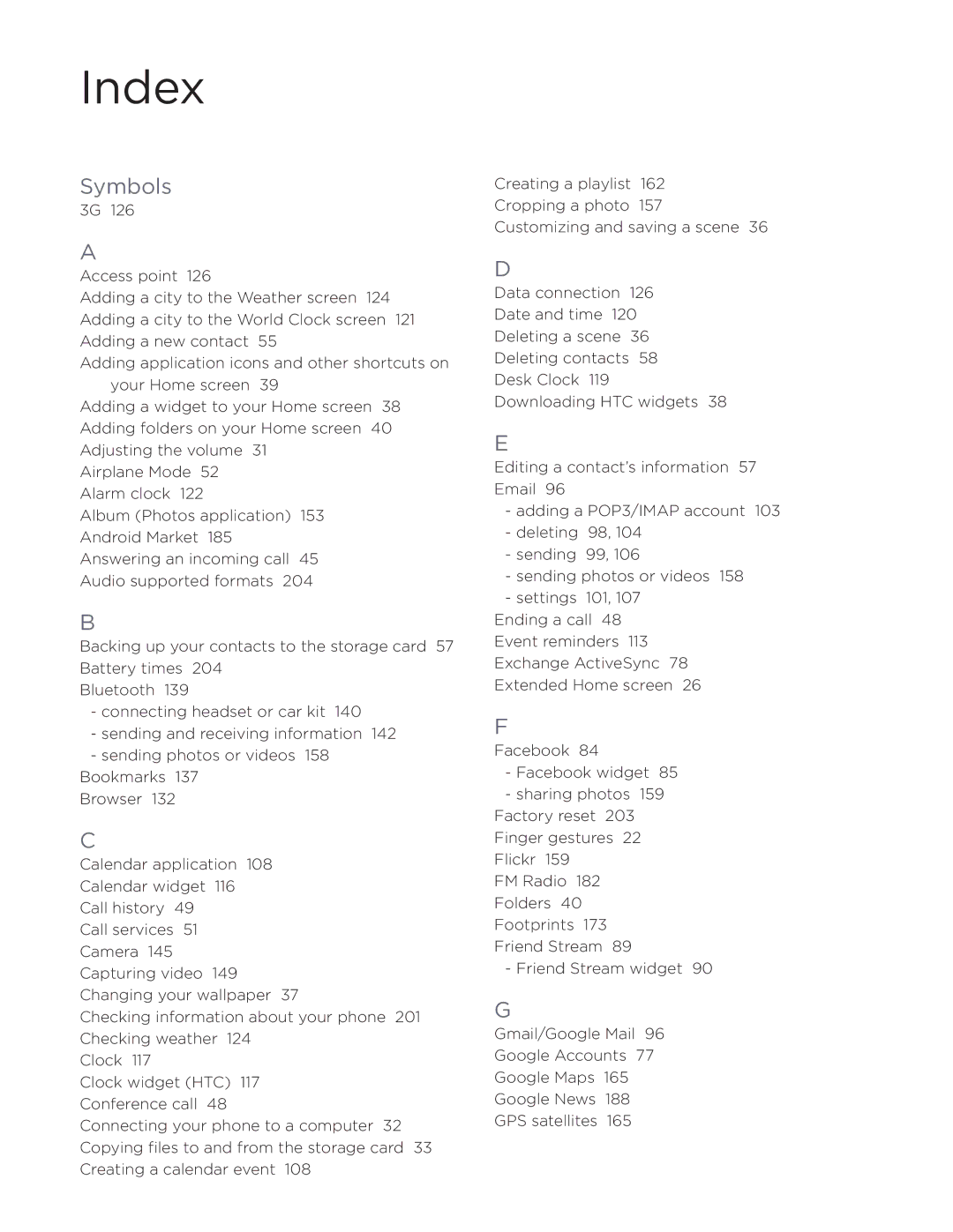 HTC Aria manual Index, Symbols 