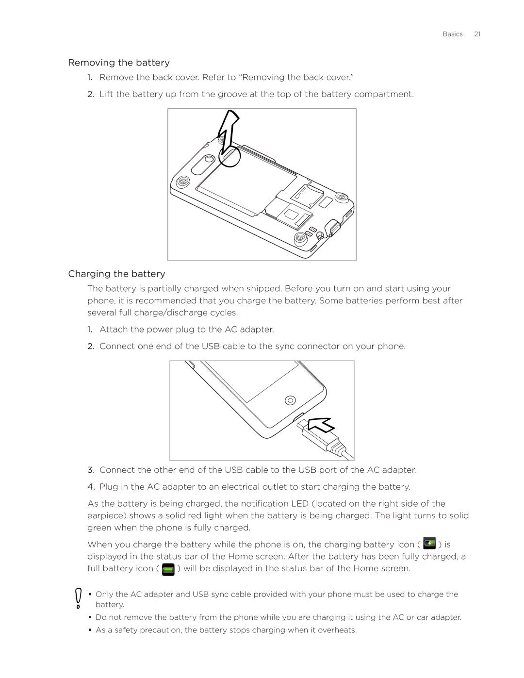 HTC Aria manual Removing the battery, Charging the battery 