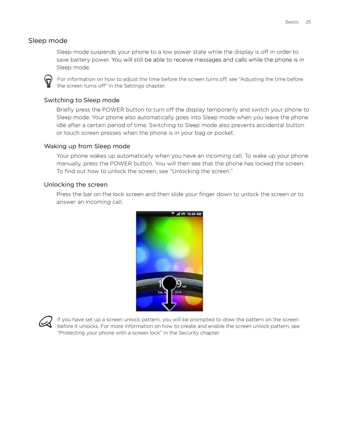 HTC Aria manual Switching to Sleep mode, Waking up from Sleep mode, Unlocking the screen 