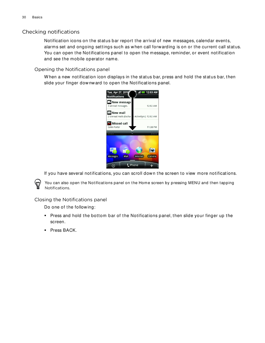 HTC Aria manual Checking notifications, Opening the Notifications panel, Closing the Notifications panel 