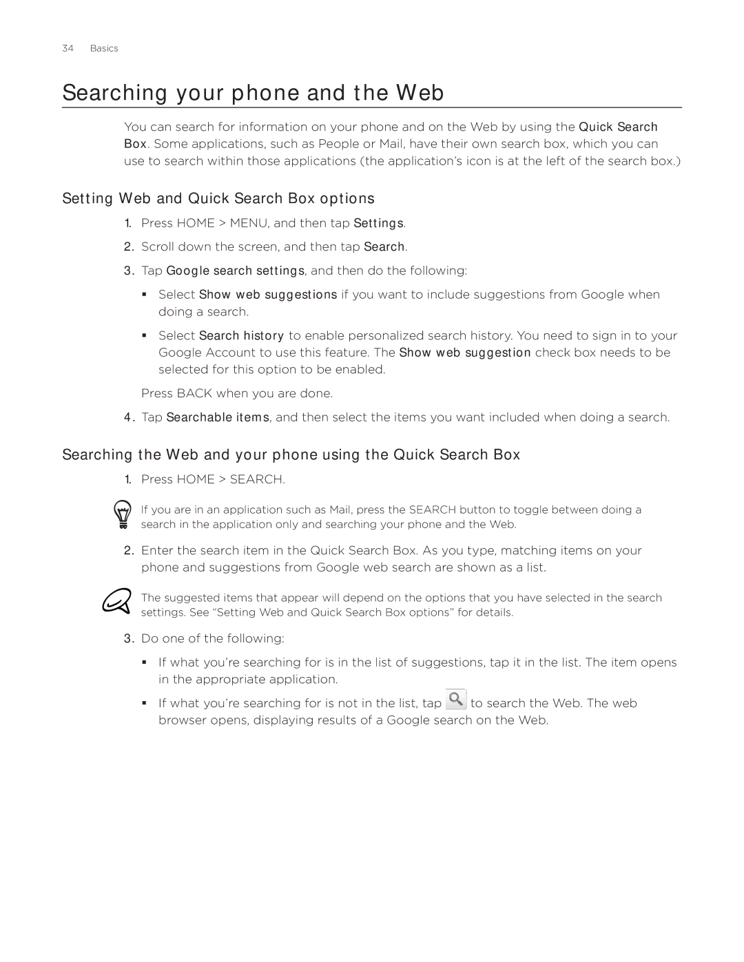 HTC Aria manual Searching your phone and the Web, Setting Web and Quick Search Box options 