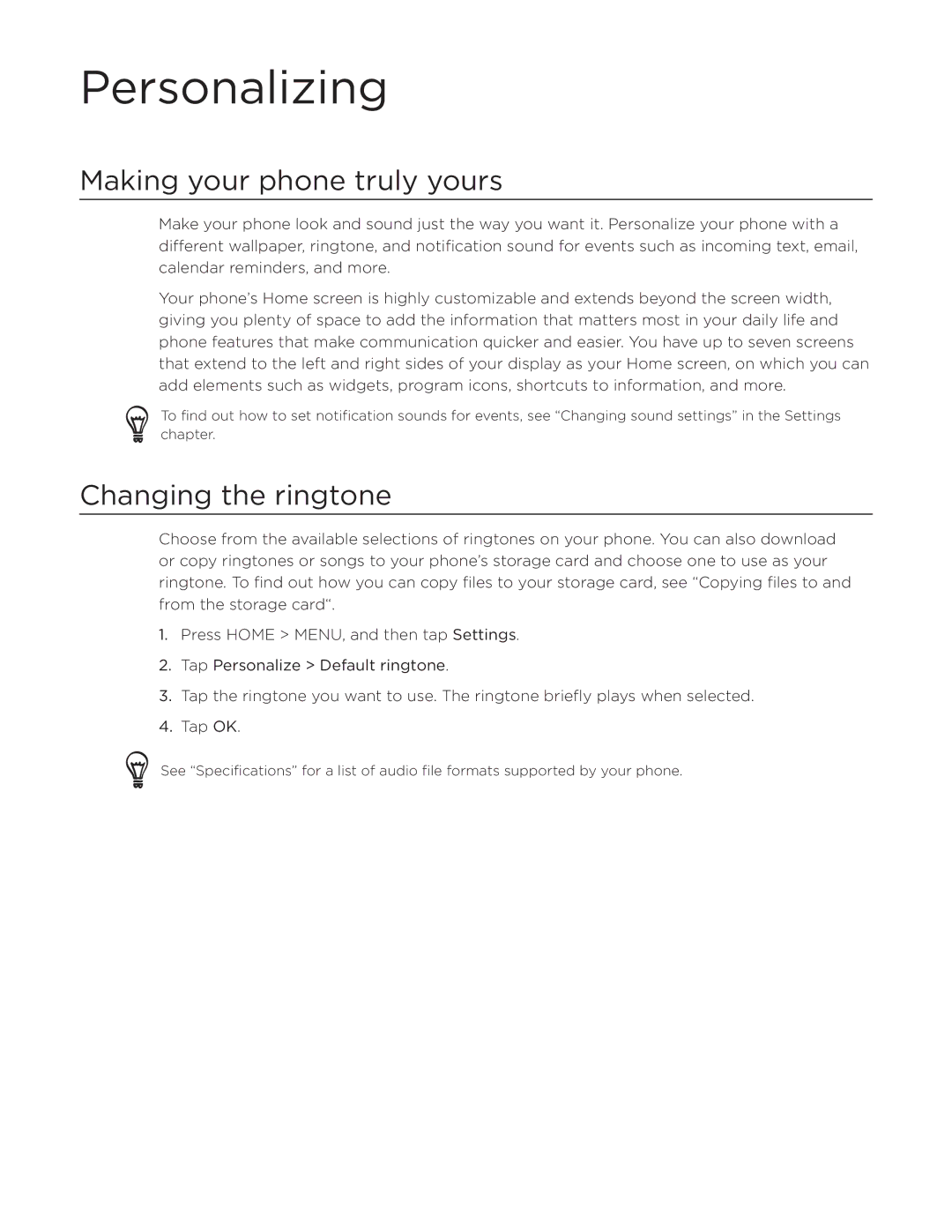 HTC Aria manual Personalizing, Making your phone truly yours, Changing the ringtone 