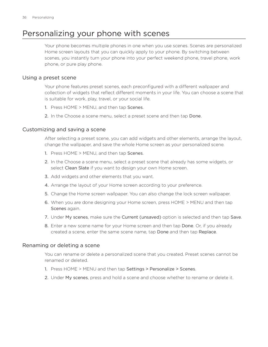 HTC Aria manual Personalizing your phone with scenes, Using a preset scene, Customizing and saving a scene 