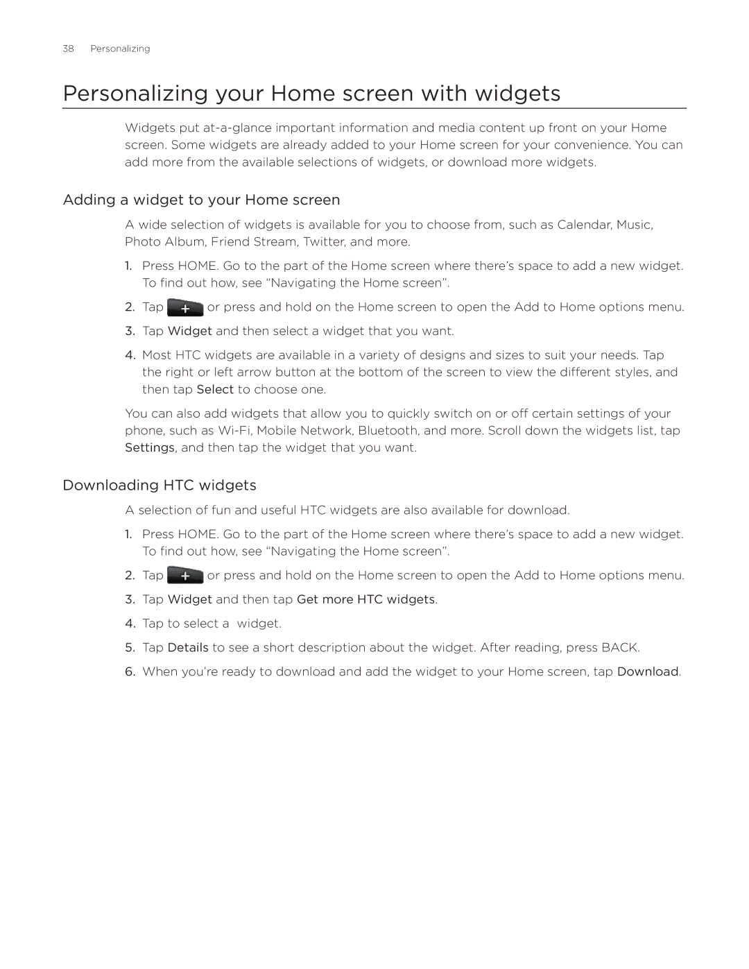HTC Aria manual Personalizing your Home screen with widgets, Adding a widget to your Home screen, Downloading HTC widgets 
