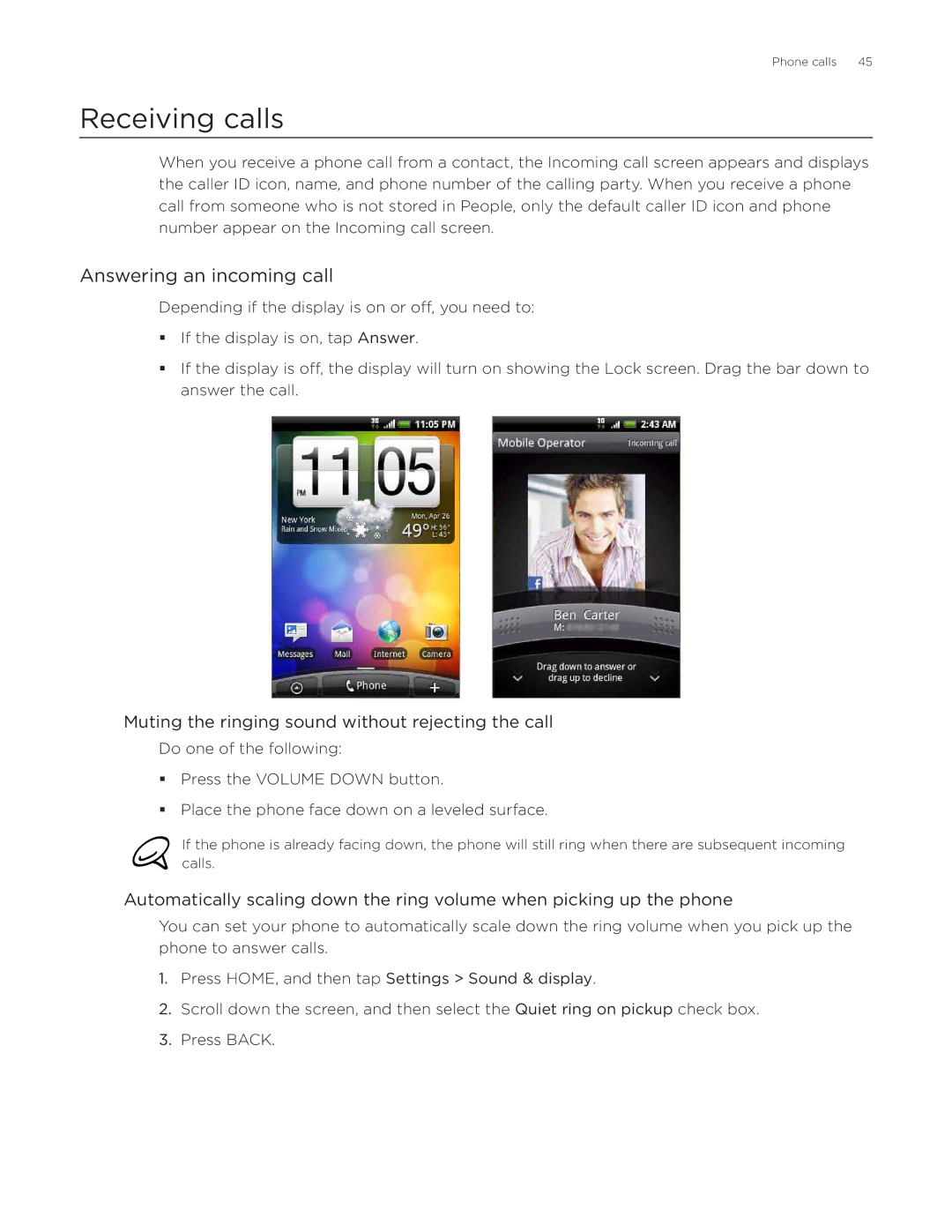 HTC Aria manual Receiving calls, Answering an incoming call, Muting the ringing sound without rejecting the call 