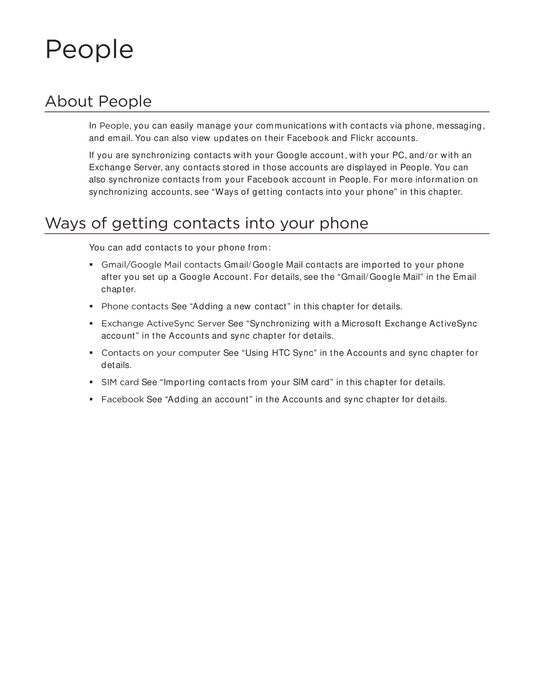 HTC Aria manual About People, Ways of getting contacts into your phone 