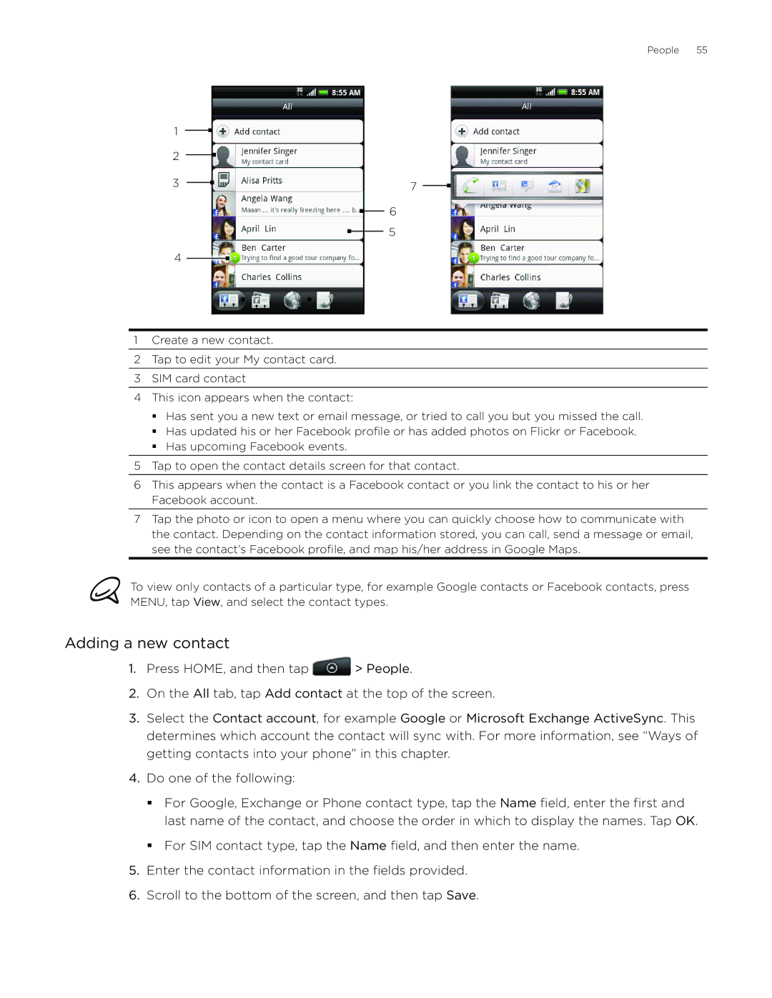 HTC Aria manual Adding a new contact 