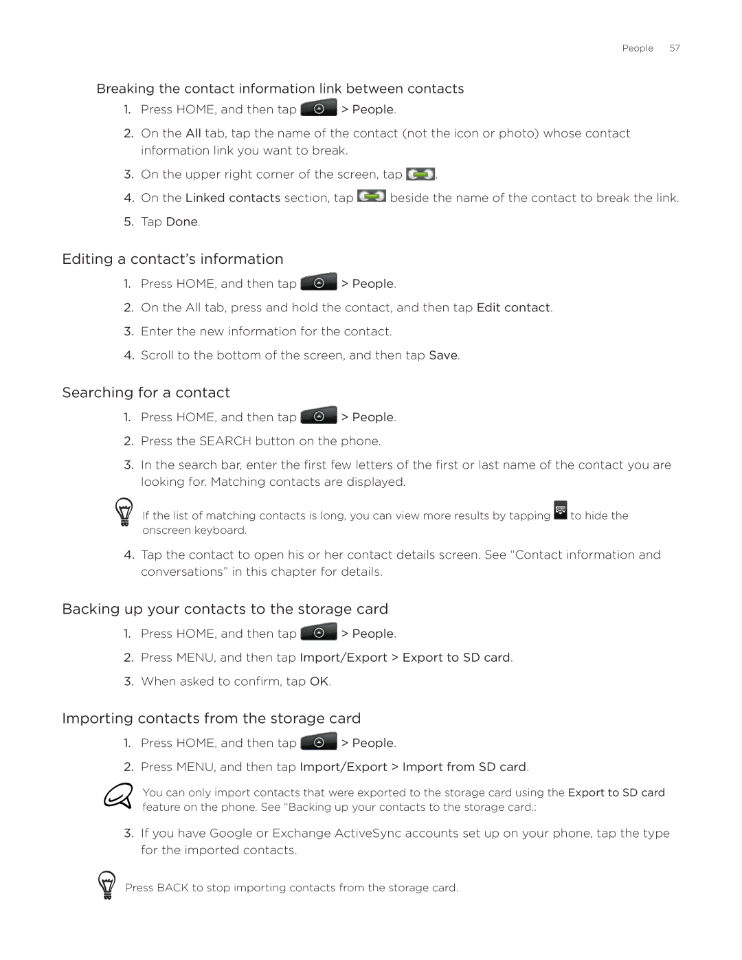 HTC Aria manual Editing a contact’s information, Searching for a contact, Backing up your contacts to the storage card 