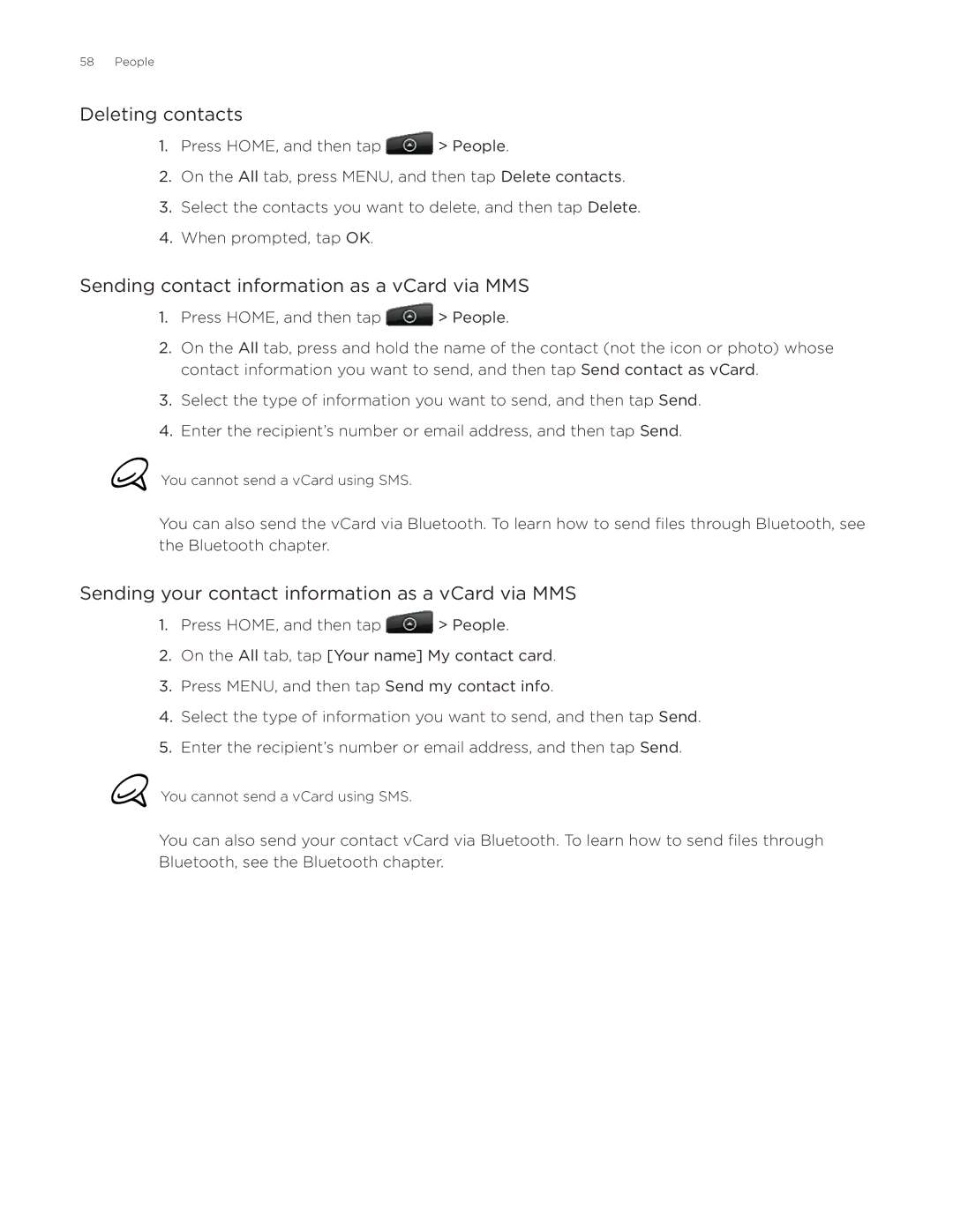 HTC Aria manual Deleting contacts, Sending contact information as a vCard via MMS 