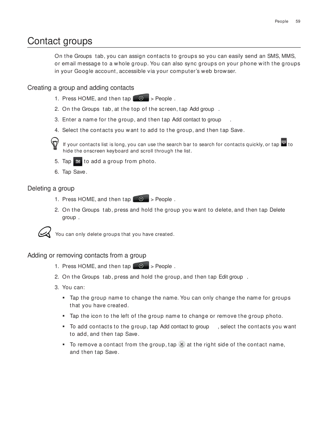 HTC Aria Contact groups, Creating a group and adding contacts, Deleting a group, Adding or removing contacts from a group 