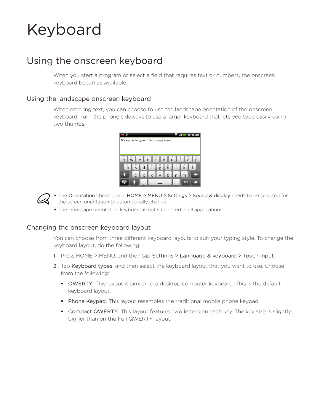 HTC Aria manual Keyboard, Using the onscreen keyboard, Using the landscape onscreen keyboard 