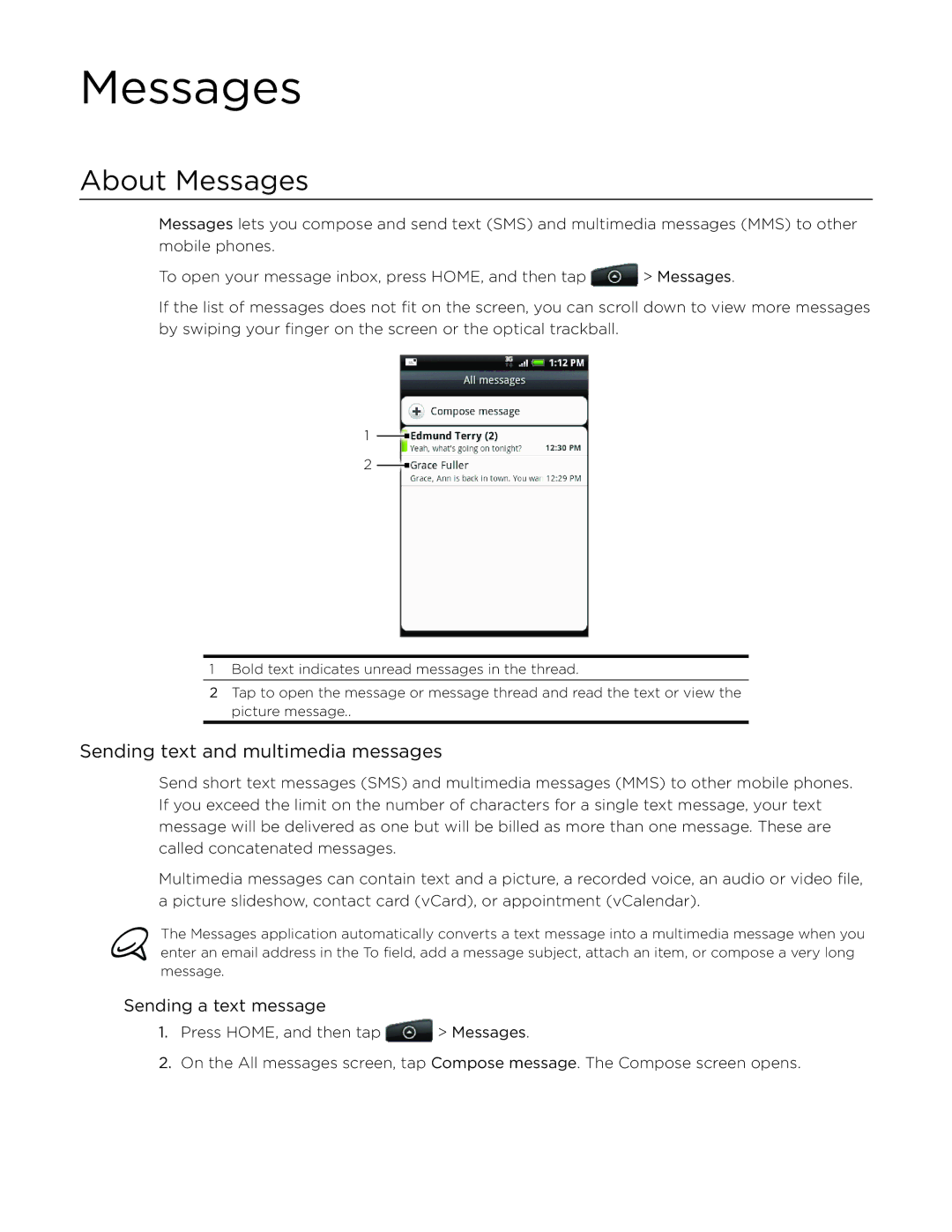 HTC Aria manual About Messages, Sending text and multimedia messages, Sending a text message 